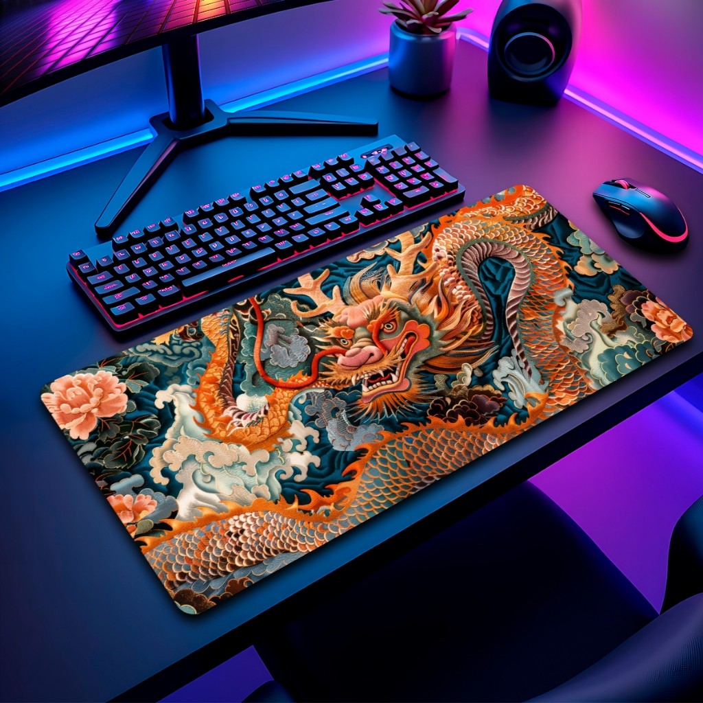 Mouse Pad Dragao Japones Gamer Antiderrapante Grande 70x35cm borda costurada