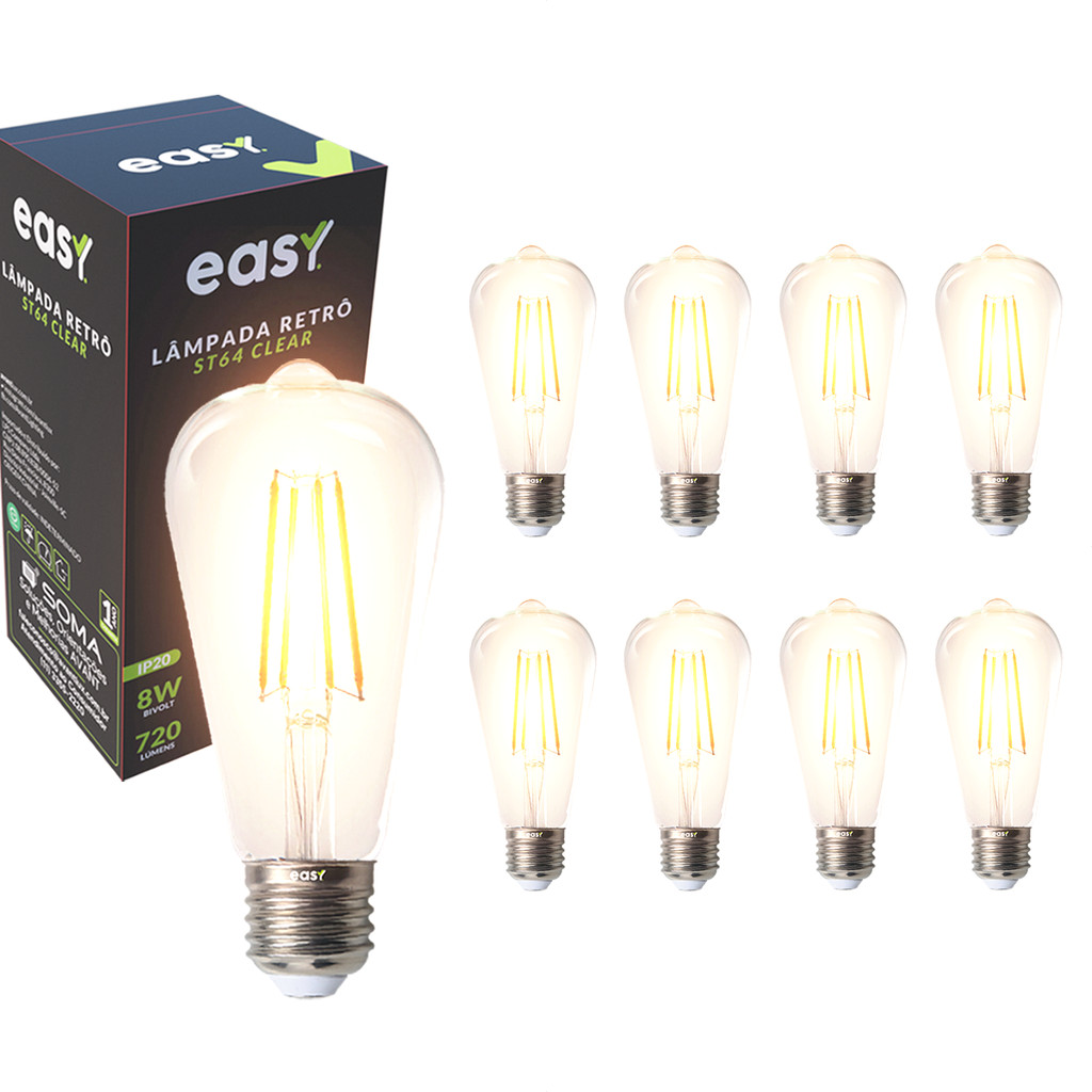 Kit 9 Lâmpadas de Led ST64 Retro Vintage Clear 8w 2400k E27 Bivolt Easy Luz Quente em Oferta na Shopee
