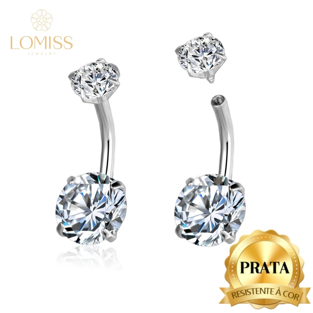 Piercing Umbigo Banana Prata 925 2 Pedras Zircônia Cravejada em Oferta na Shopee