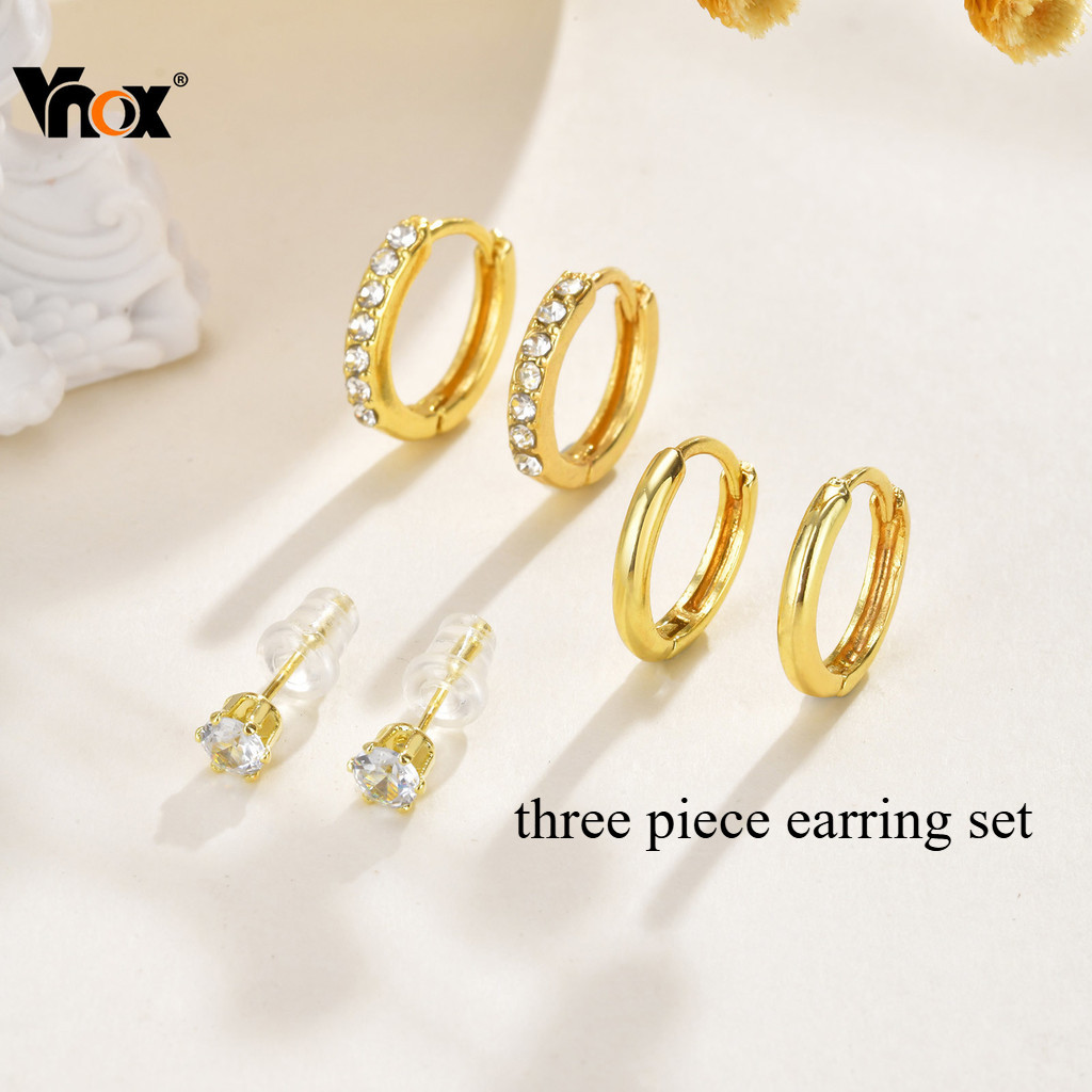 Conjunto De Brincos Cúbicos De Três Peças Vnox Zircon Para Mulheres , Brinco Simples De Aço Inoxidável Dourado , Present