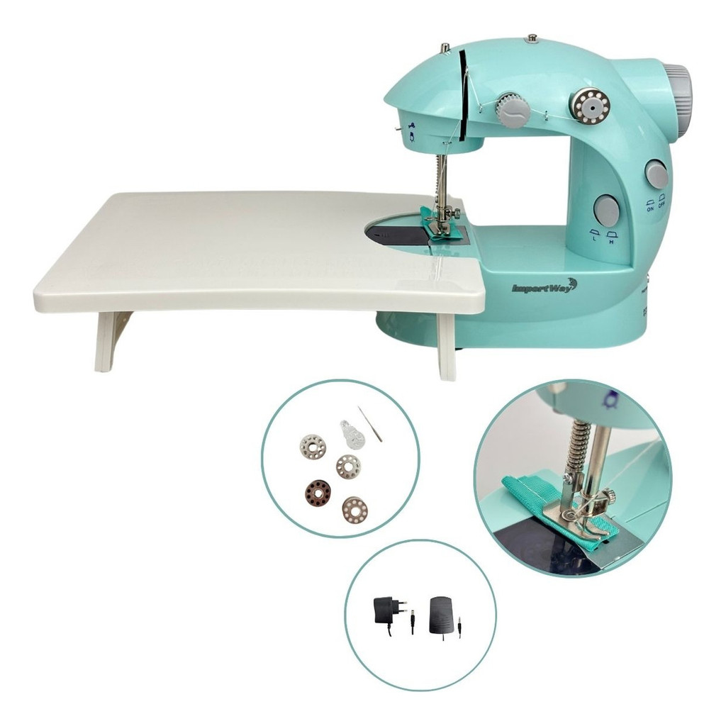 Máquina Costura Azul Portátil Com Mesa Pedal Completa Bivolt em Oferta na Shopee