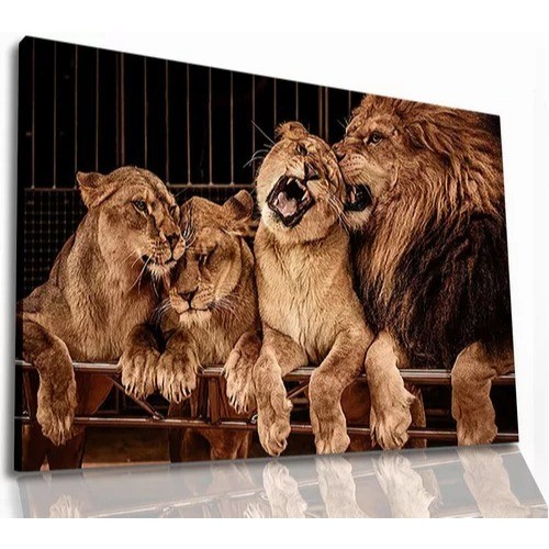 Quadro Gigante Familia De Leões Sala Hall 40x60cm Cor Marrom-escuro Cor Da Armação Preto