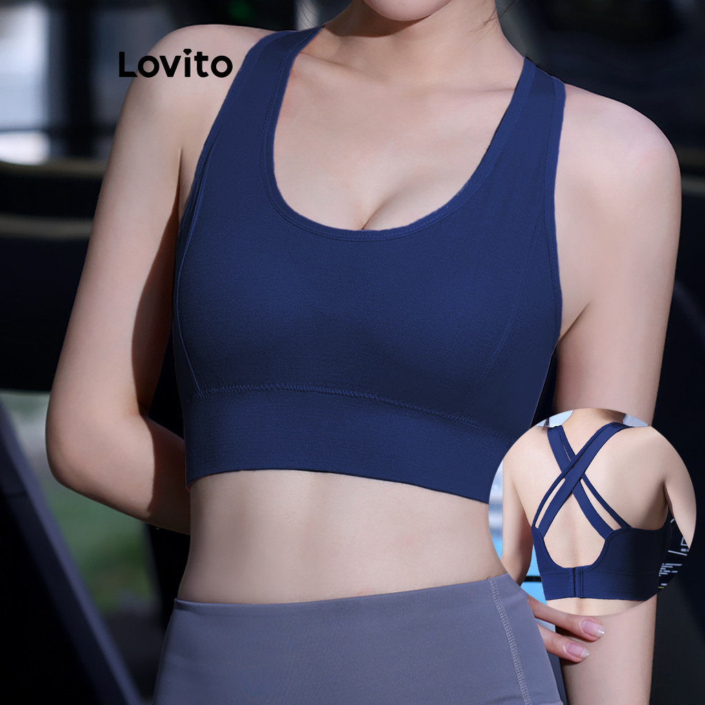 Lovito Sutiã esportivo esportivo esportivo liso sem costas cruzado para mulheres  LNL95434 - Sports & Outdoors