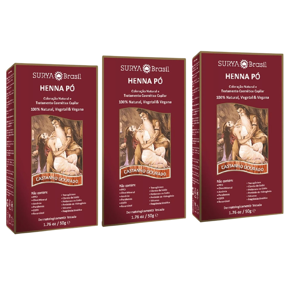 Kit 3x Henna Surya Em Pó Castanho Dourado 50g