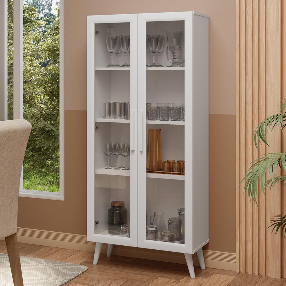 Cristaleira 70 cm 2 Portas de Vidro com Pés Cônicos Madesa Branco