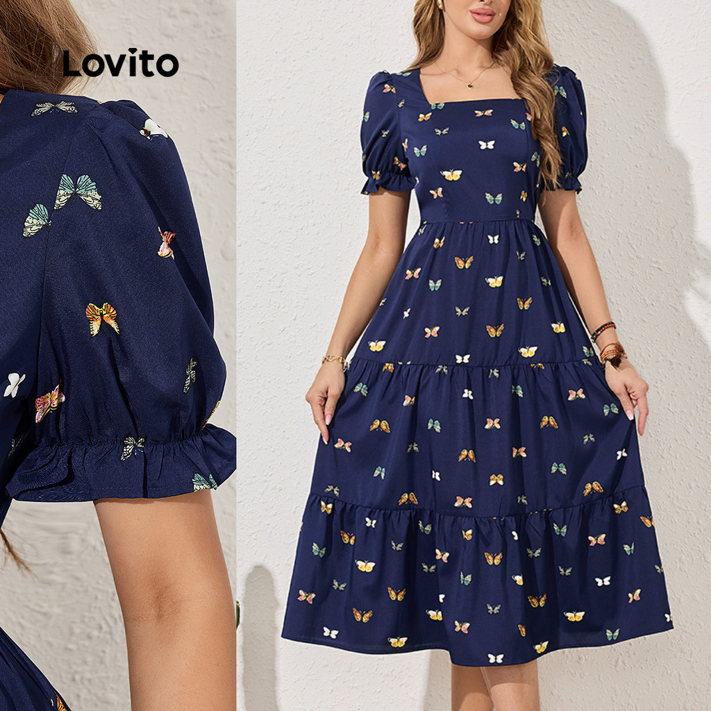 Lovito Vestido Casual Borboleta Estrutura Linha Dupla Camada Mangas Bufantes Vestido Para Mulheres LBL22548 em Oferta na Shopee