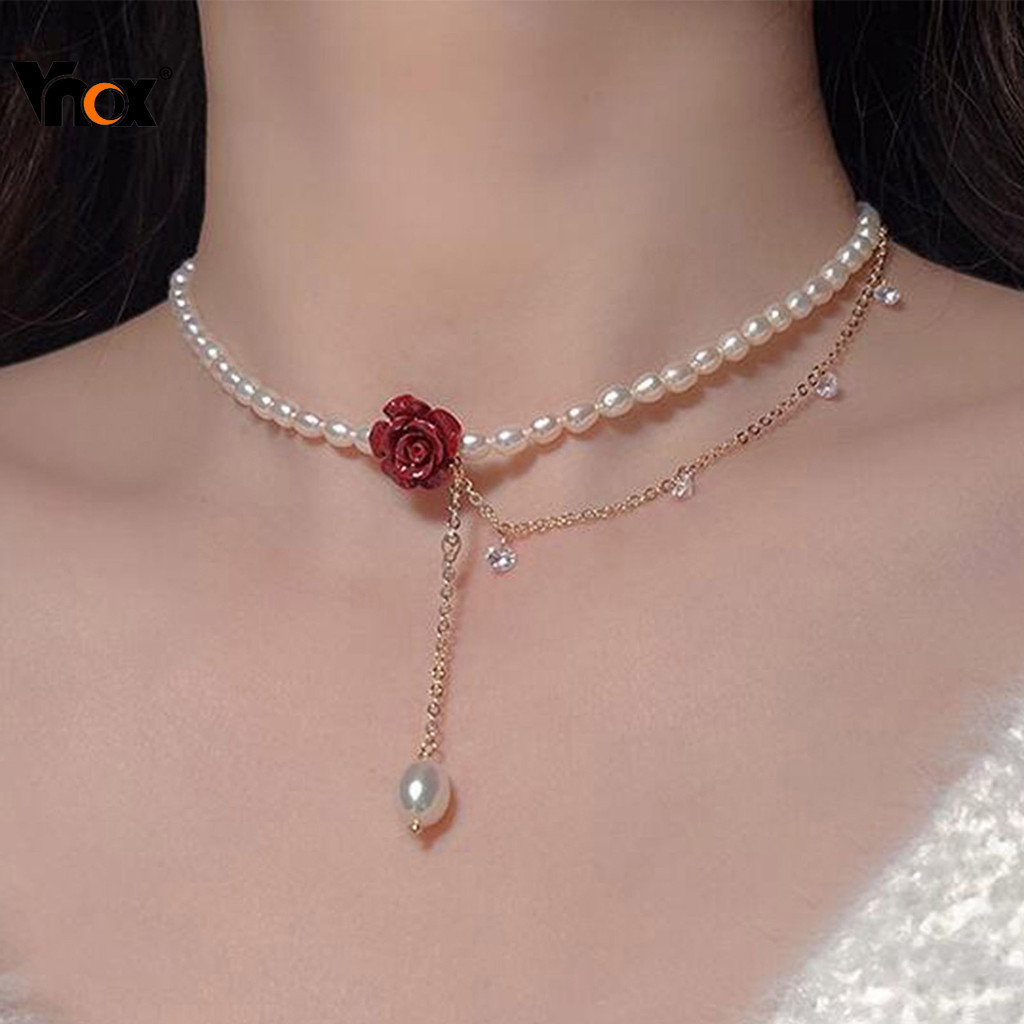 Colar De Contas De Pérola Rosa Vermelha Vnox Para Mulheres E Meninas , Acessórios De Joias De Natal De Camada Dupla Em O