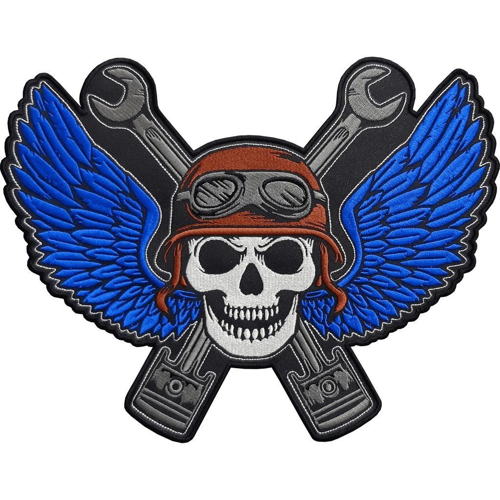 Patch Bordado Caveira Piloto Azul Skull Motociclista 30x23 Cav10