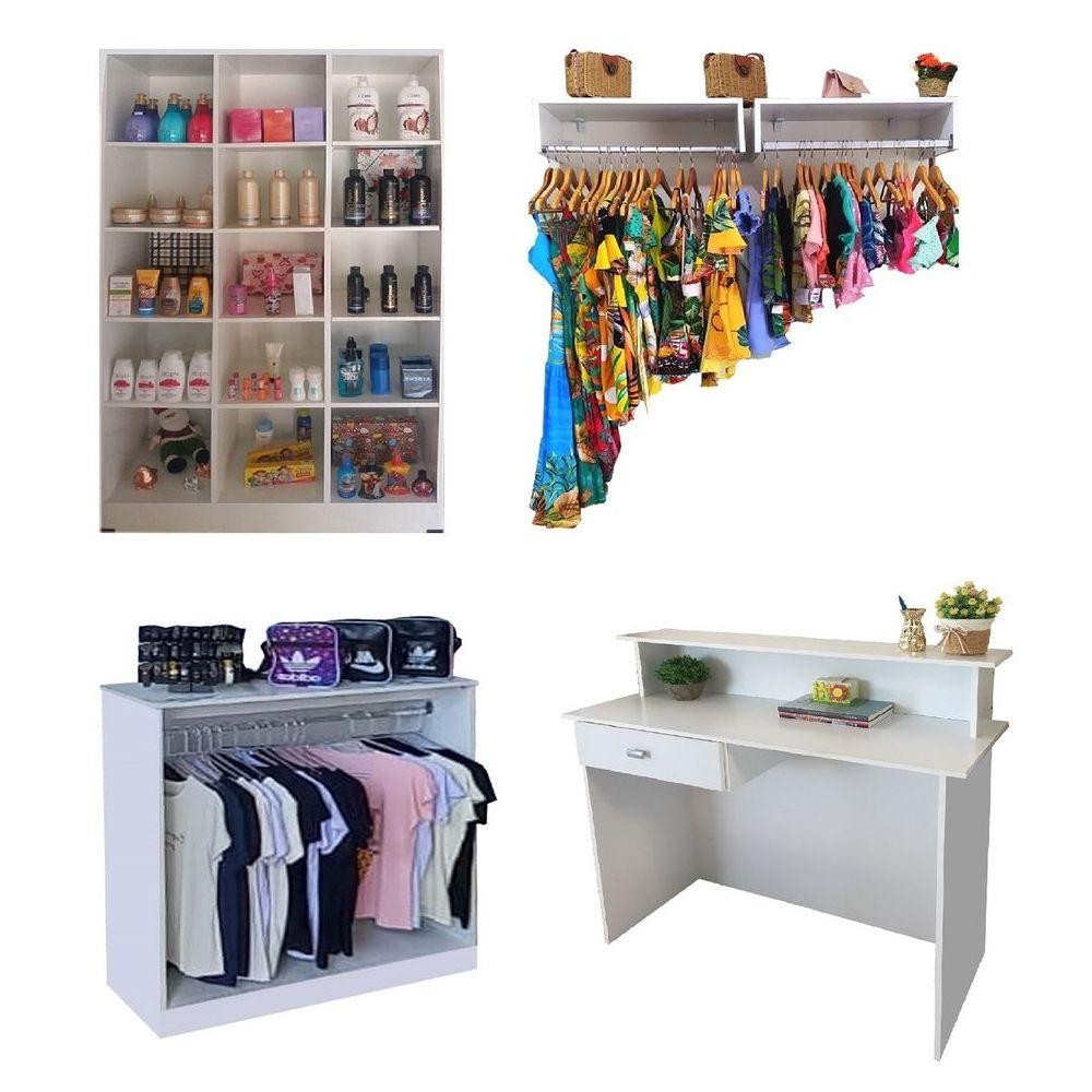 Kit Armário Colméia 2 Araras e Balcão de Atendimento Branco em Oferta na Shopee