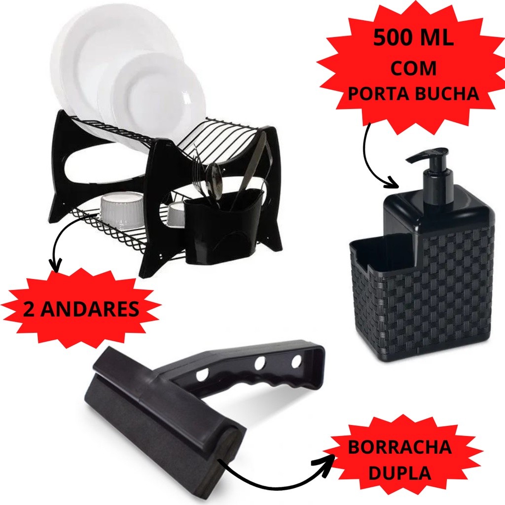 Kit Escorredor De Louças Pratos 2 Andares + Porta Detergente + Rodinho de Pia