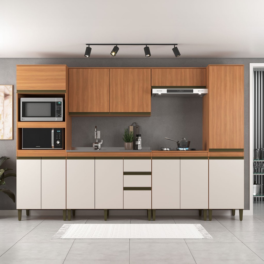 Cozinha Completa Cecilia 12 Portas 3 Gavetas Freijó/Off White - Jcarvalho em Oferta na Shopee