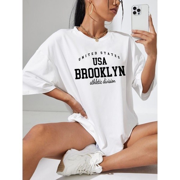 Camiseta Feminina Casual Oversized Estampa Brooklyn Camisa 100% Algodão Estilo Athletic De Rua Streetwear Envio Rápido