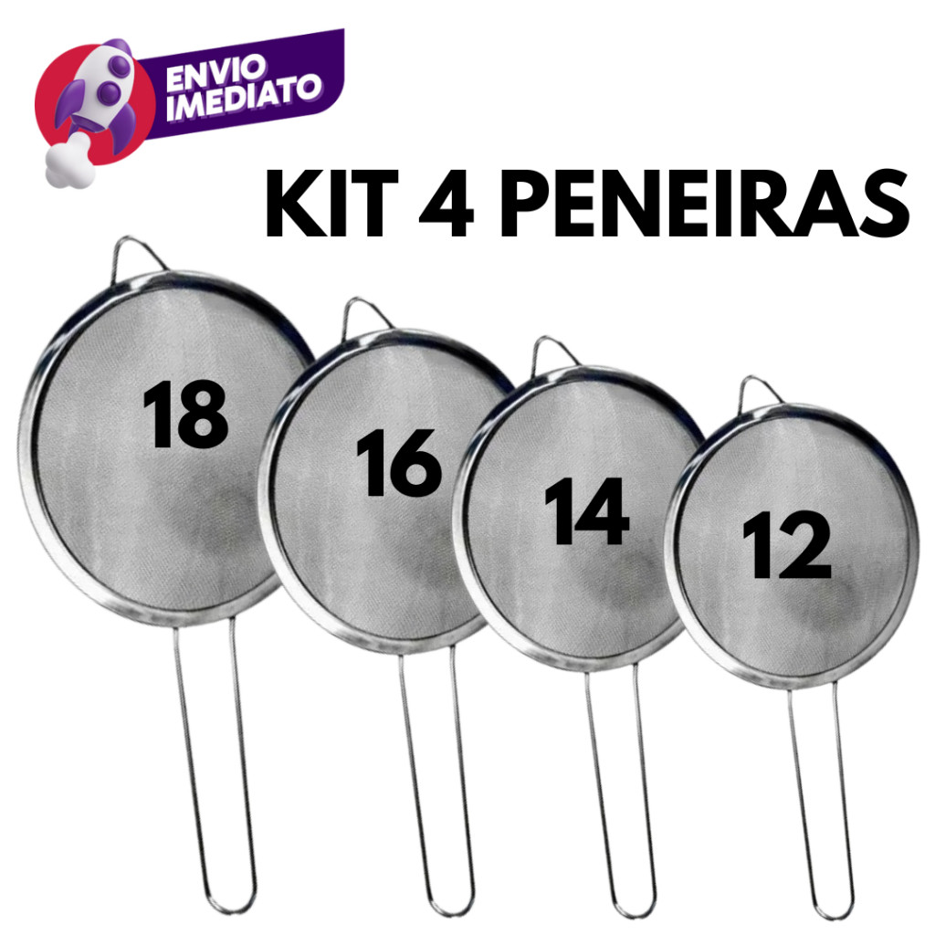 Kit 04 Peneiras Aço Inox Utensílio Para Polvilhar Coador Cozinha 12 14 16 18 Completo