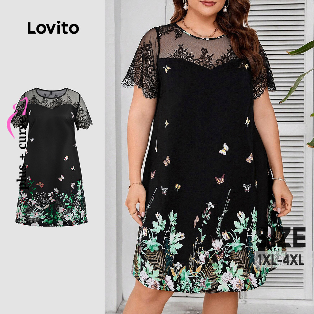 (Trendy) Lovito Vestido de renda Floral elegante curva Plus Size para mulheres LBL23288 - Women Clothes