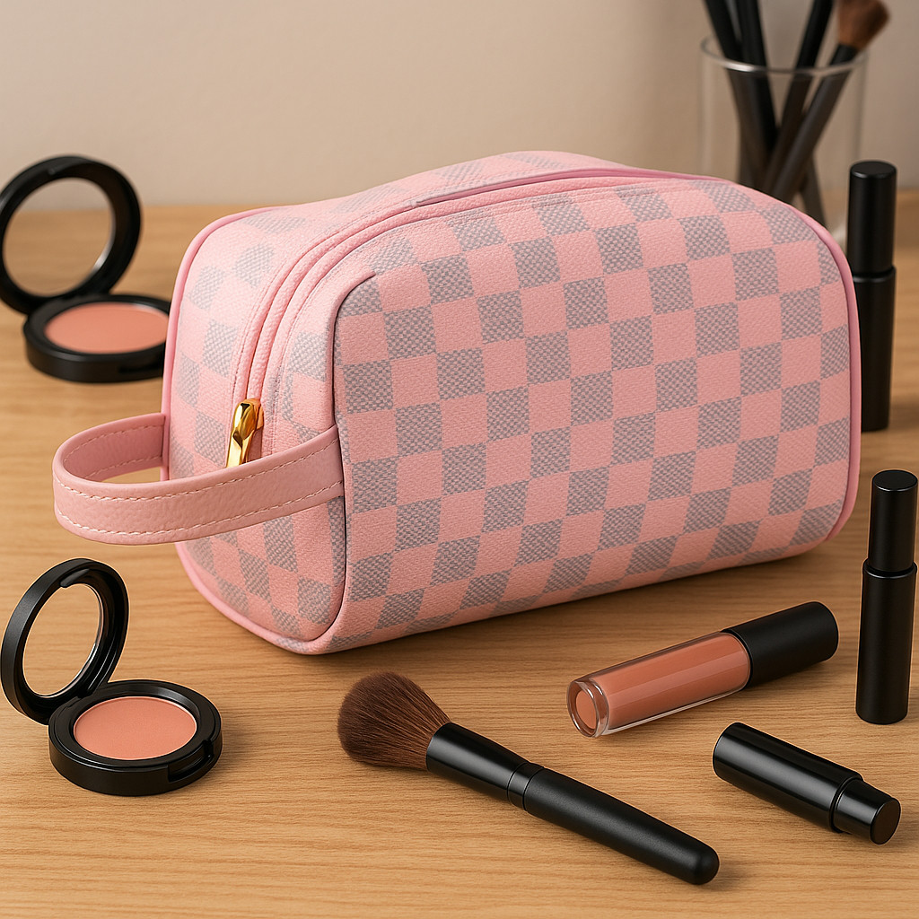 Necessaire Feminina Estilo Fashion – Bolsa Xadrez com Zíper Dourado e Design Sofisticado em Oferta na Shopee