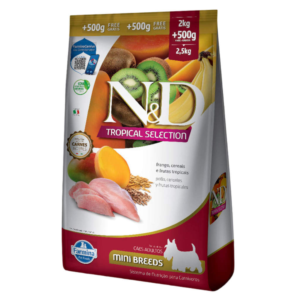 Ração N&D Tropical Selection Cães Adultos 2kg + 500g Grátis Porte Mini e Pequeno Sabor Frango, Cereais e Frutas Tropicai em Oferta na Shopee