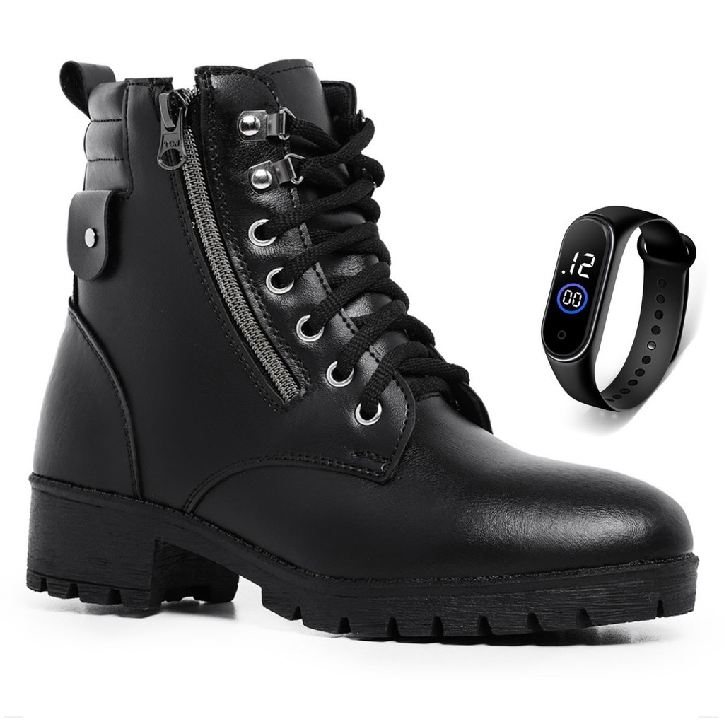 Bota Casual Botinha Feminina Coturno Cano Curto Salto Zíper Moderno Preto Confortável+Relogio