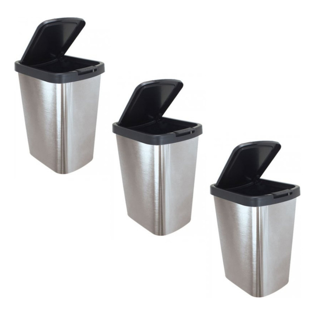 Kit 3 Lixeira Plástico Cor Inox 9l Cozinha Banheiro Linda