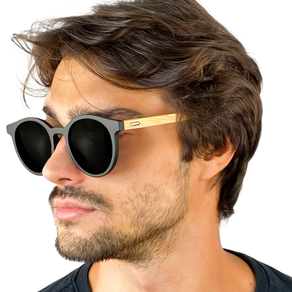 Óculos De Sol Masculino Redondo + Haste Madeira Osm300 em Oferta na Shopee