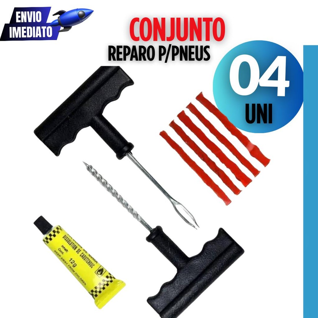 Kit Reparo Pneu Sem Camara Carro E Moto +3 Refil Selante Remendo Macarrão