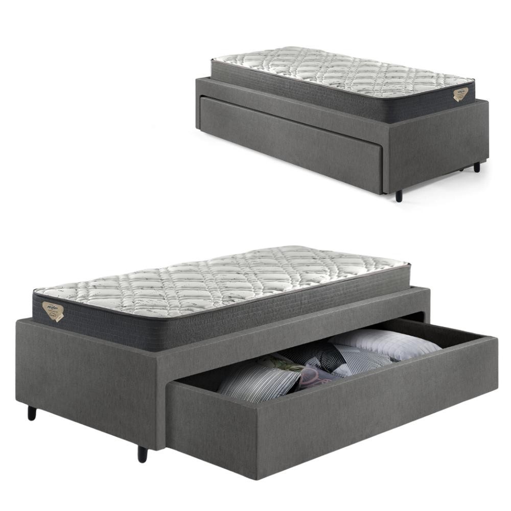 Cama Box Solteirão Sapateira Courino Linho Cinza e Colchão Adapto Ecoflex 96x203