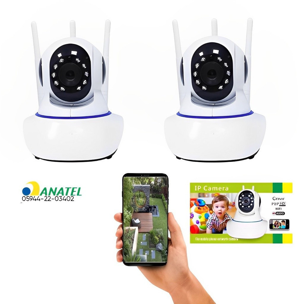 Kit 2 Câmeras Robô 3 Antenas Ip Wifi 360º 1080p Interna