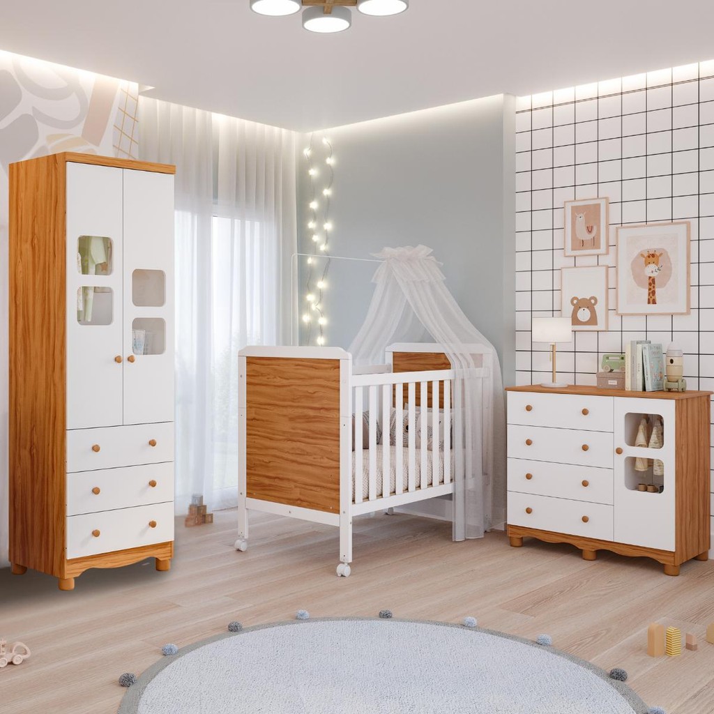 Quarto de Bebê Completo Berço Americano Cloe 2 em 1 Guarda Roupas 2 Portas Cômoda Uli 100% MDF em Oferta na Shopee