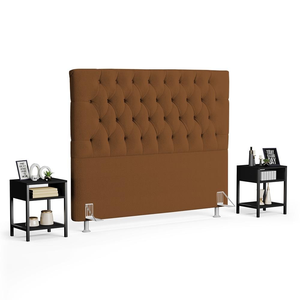 Cabeceira Casal Queen 160cm Cristal Bouclê Telha e 2 Mesas Laterais Plaza LC1 Preto - Mpozenato