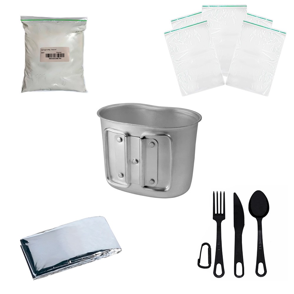 Kit Caneca Aluminio + Cal + Ziplock + Manta  + Talher preto em Oferta na Shopee