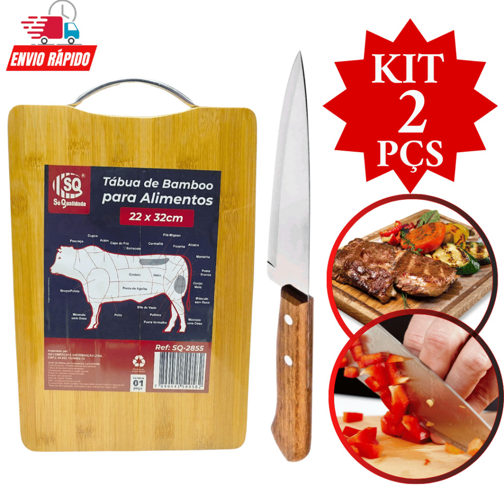 Kit 2 Peças Tábua de Carne d Madeira Bambu com Alça Faca Inox Cabo de Madeira Afiada 7 Polegadas Para Legumes Churrasco