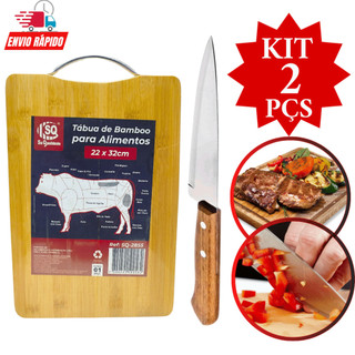 Kit 2 Peças Tábua de Carne d Madeira Bambu com Alça Faca Inox Cabo de Madeira Afiada 7 Polegadas Para Legumes Churrasco