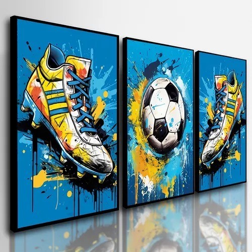Quadros Decorativos 3 Peças Futebol Bola Chuteira Neymar 60x40