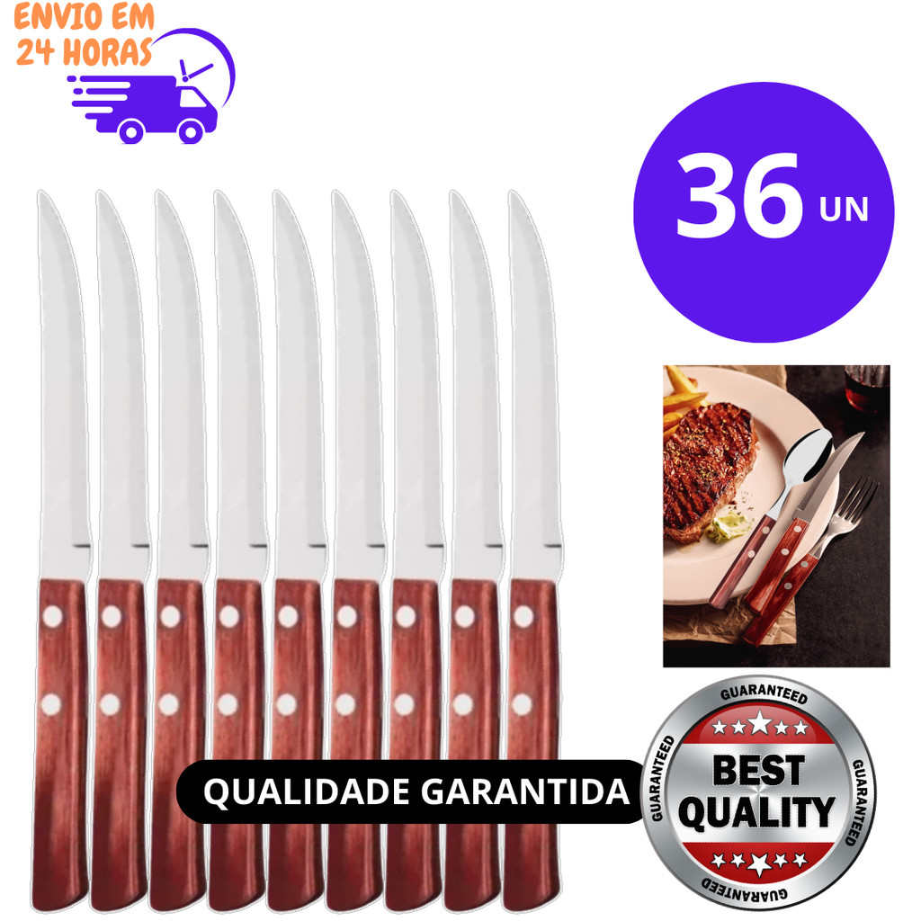 Jogo 36, 18 ou 06 Peças De Faca Talher de Mesa Cabo Madeira em Aço Inox Restaurante Jantar