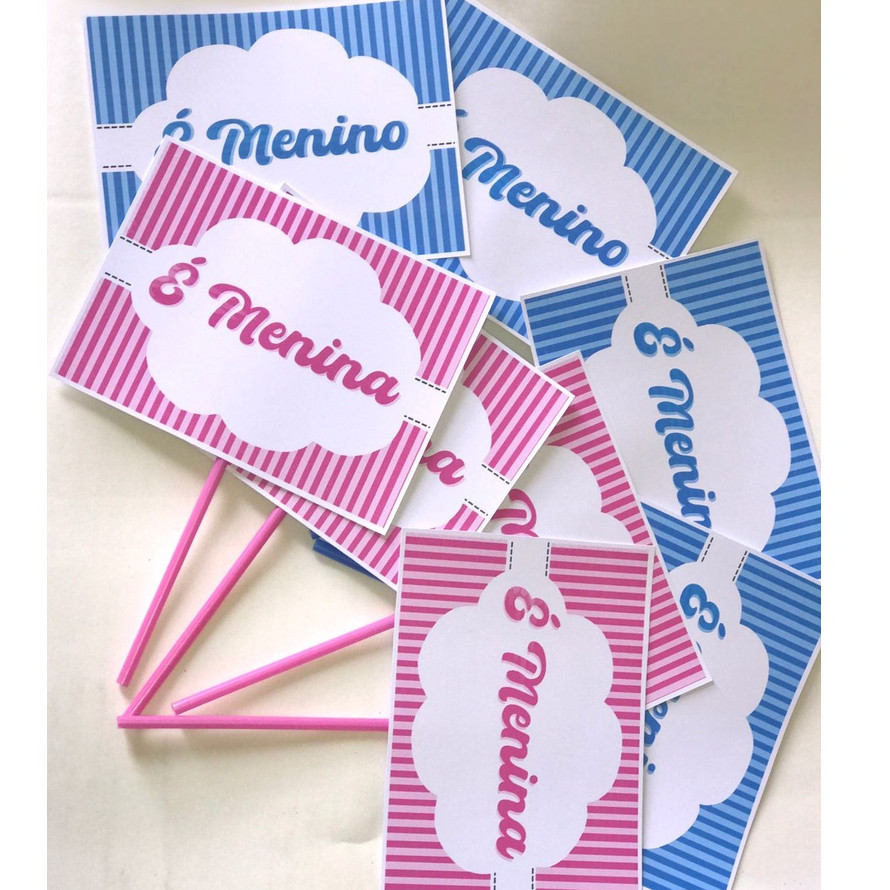 Kit plaquinhas para chá revelação 12 unidades decoração chá revelação "É Menino / É menina"