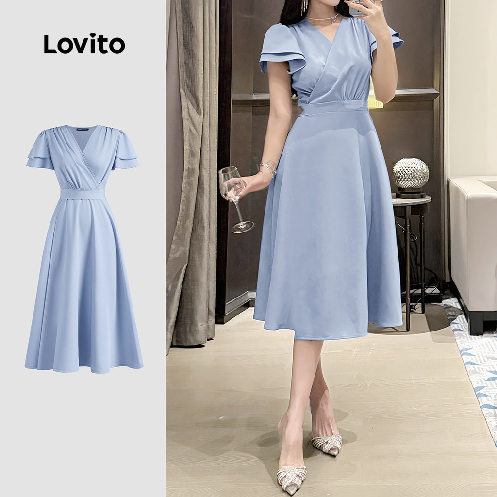 Lovito Vestido Casual liso plissado com cinto para mulheres L128ED371 - Women Clothes
