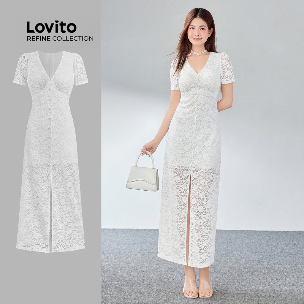 (Lovito Refine) Vestido Casual De Renda Com Botão De Verão/Primavera Para Mulheres LR4AD010