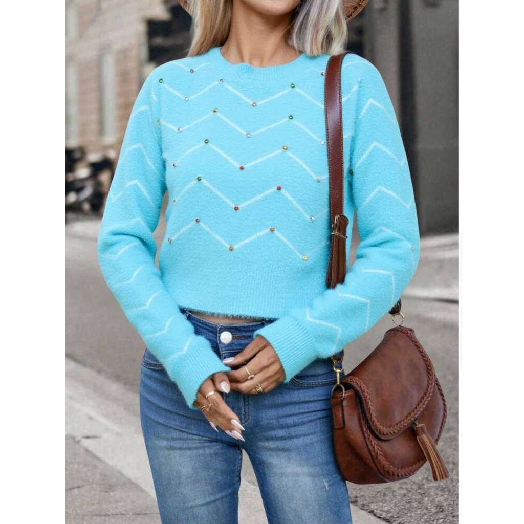 Blusa suéter feminino de pelinho cropped manga longa moletom grosso inverno blusa de frio gola redonda estampada perola
