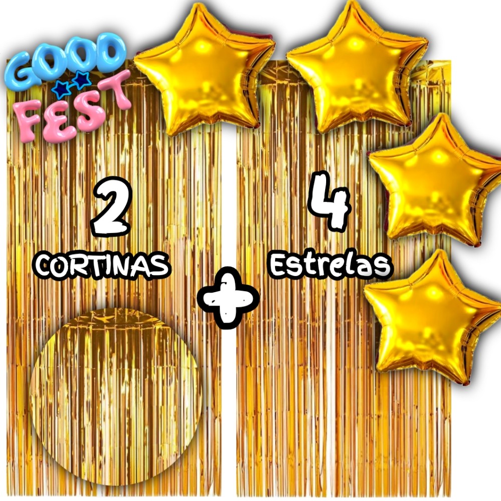 Kit 2 Cortinas Metalizada + 4 Balões Estrelas, Kit decoração, Festa, comemoração, adereços, 13 Cores em Oferta na Shopee