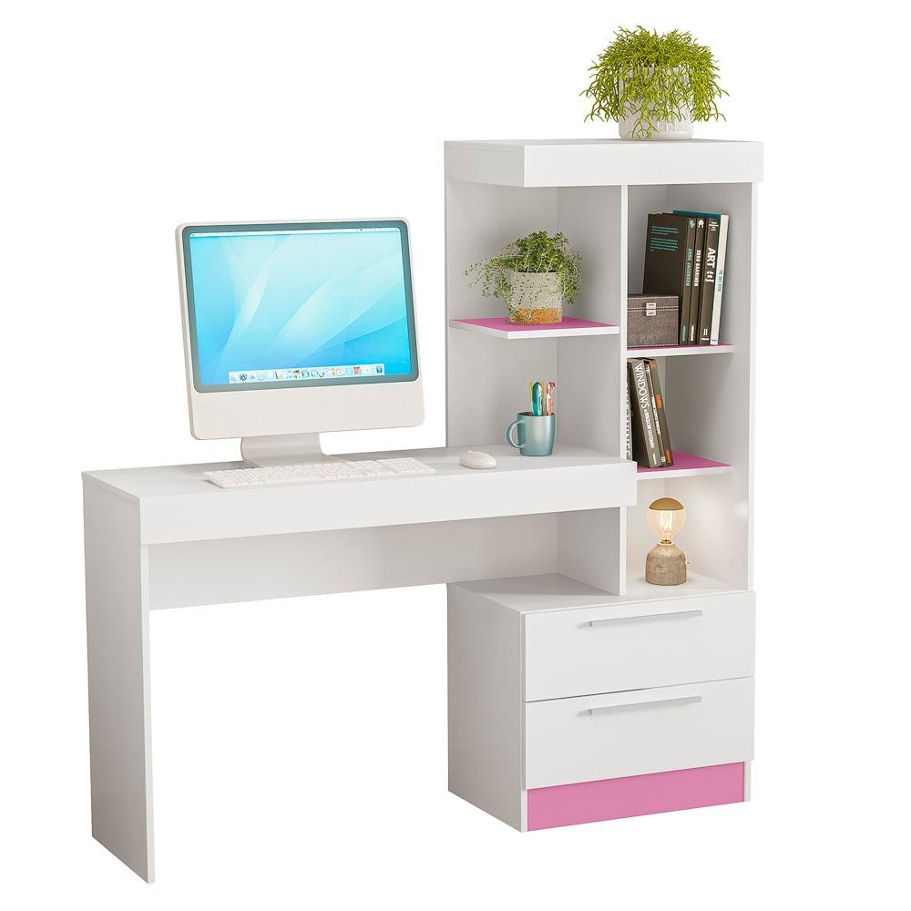 Mesa Para Computador Escrivaninha Home Office Estudos 2 Gavetas Escritório Quarto Branco e Rosa Flex
