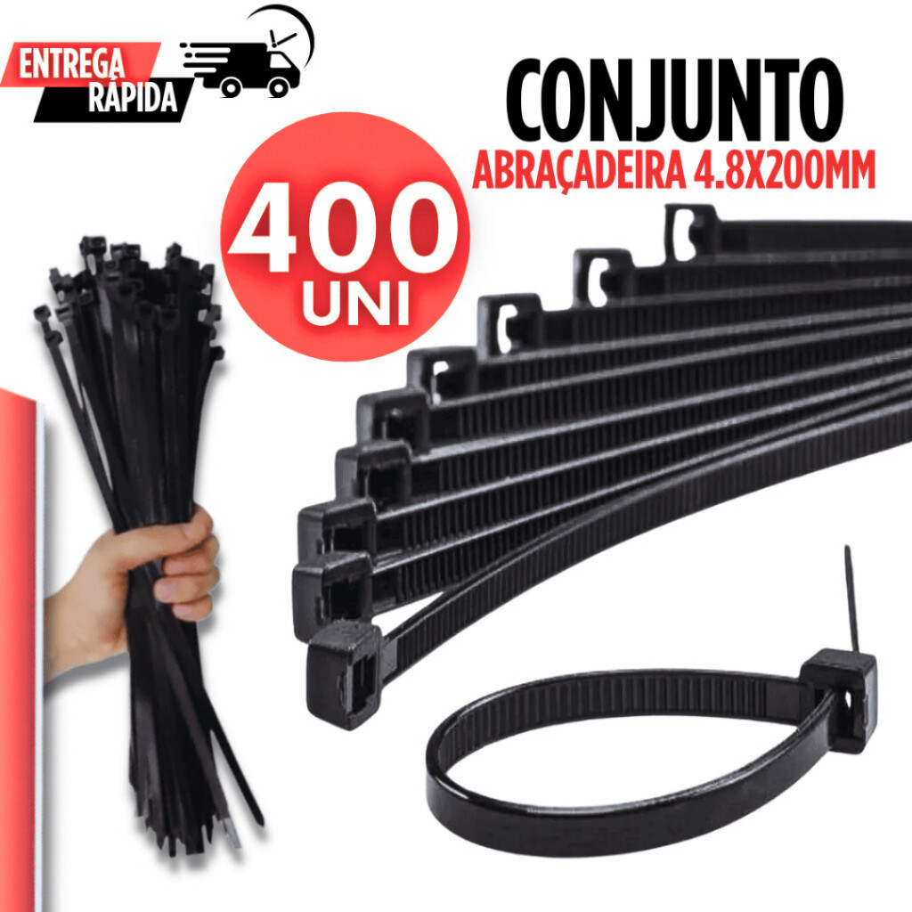 Kit 400 Abraçadeiras Nylon Preta Enforca Gato 200mm x 4,8mm Variáveis Utilidades Multifuncional