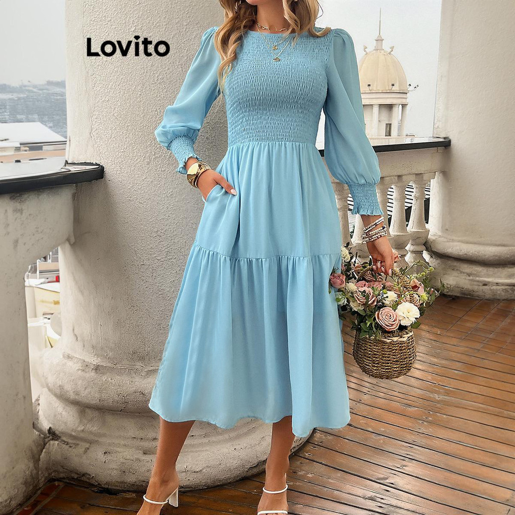 (Trendy) Lovito Vestido Casual Liso Com Babados Para Mulheres LNL67386 - Women Clothes