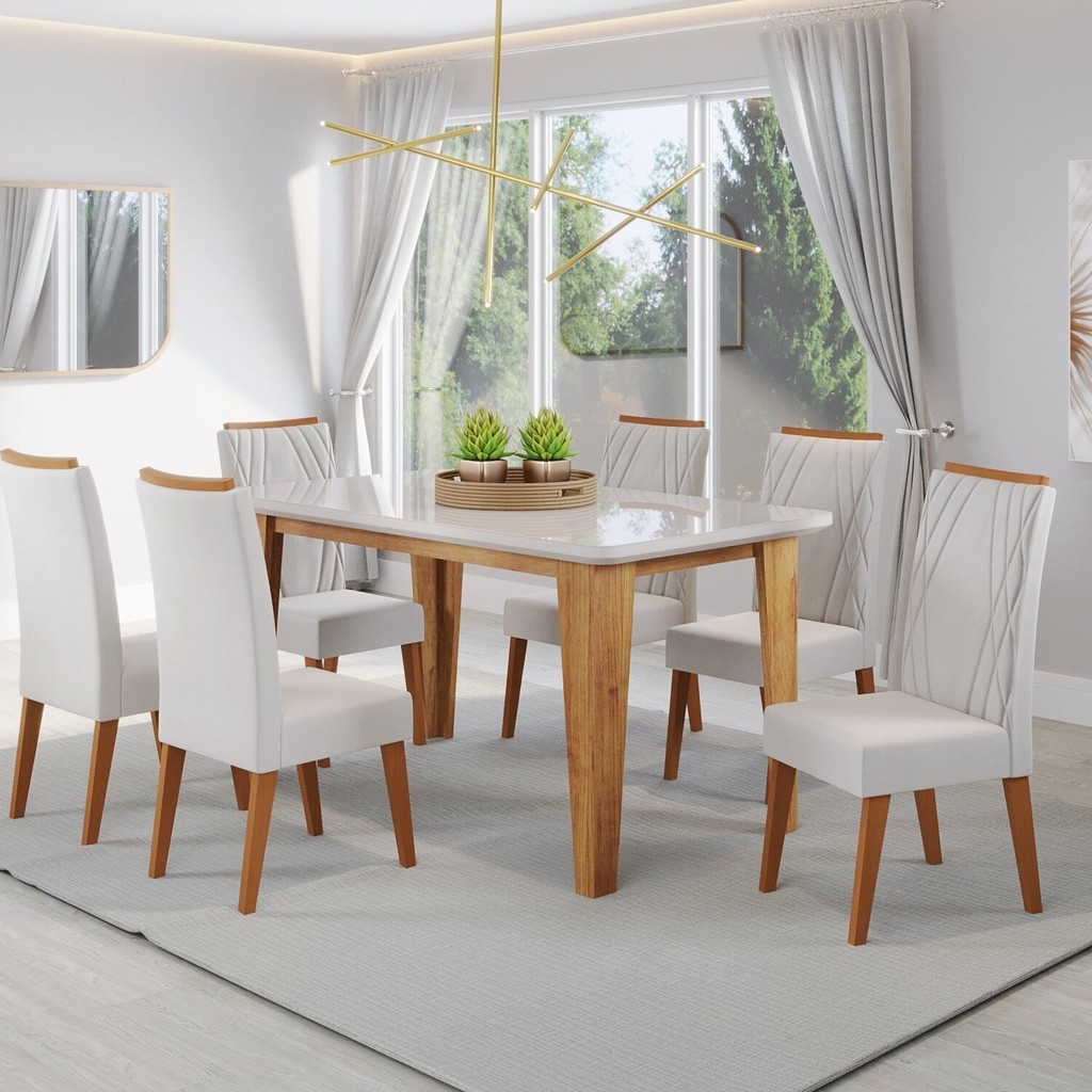 Mesa de Jantar Retangular Dakar 1,60x90 com Vidro e 6 Cadeiras Vegas em Madeira Maciça Mel\Off White\Marfim - Home & Living
