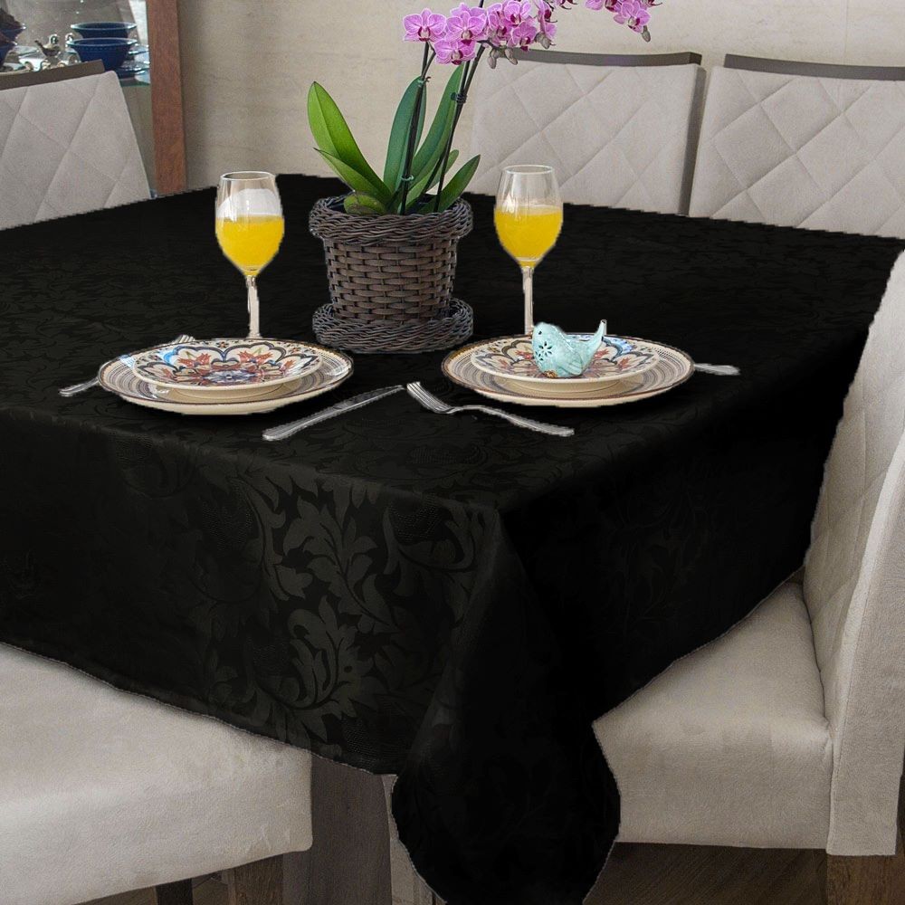 Toalha Mesa Sala Jantar Retangular Jacquard Preto 6 Lugares