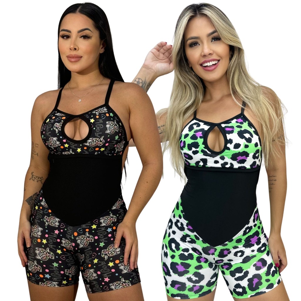 KIT Com 2 Macaquinho De Academia fitness Short Shortinho Curto Estampado