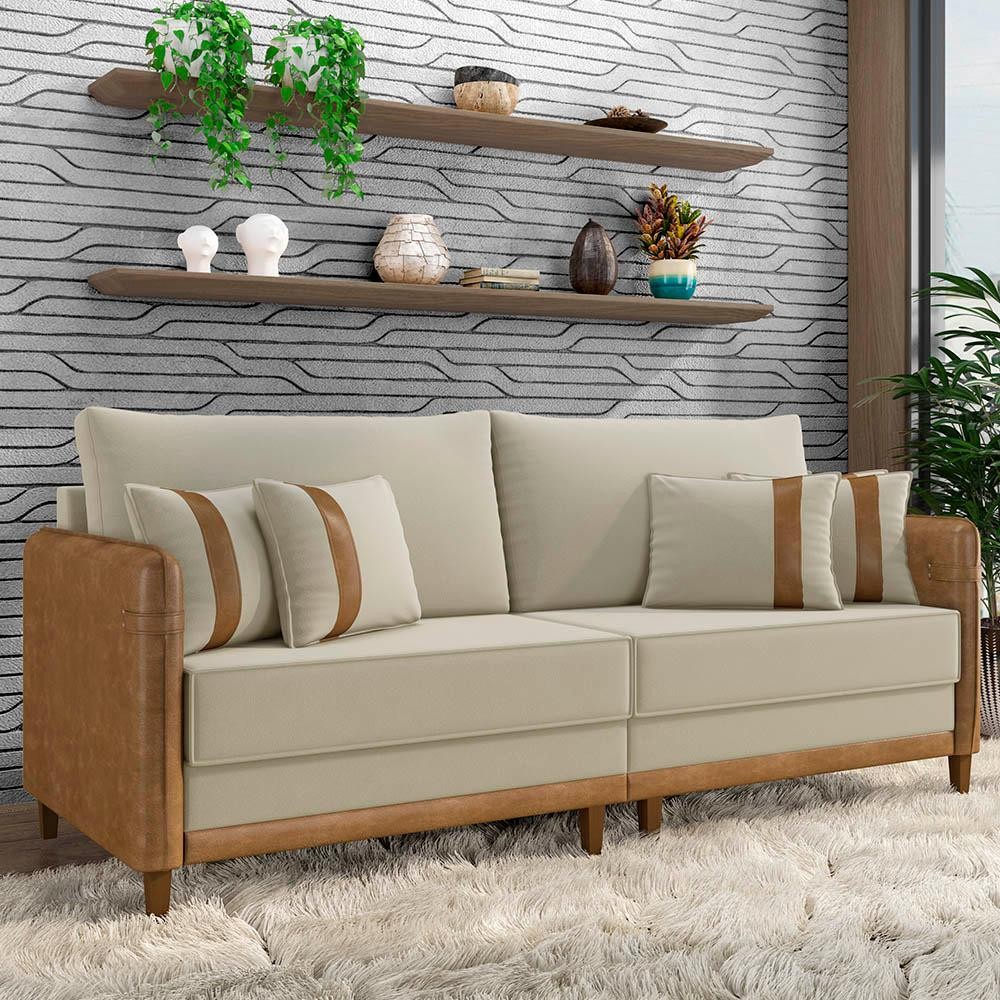 Sofá 3 Lugares Living 232cm Zoe K04 Veludo Bege/Marrom - Mpozenato em Oferta na Shopee