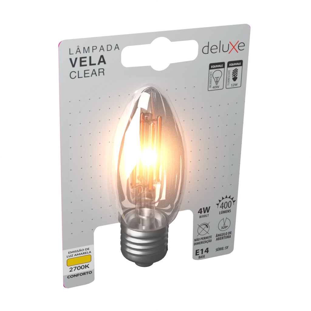Lampada Led Vela Filamento Clear 4W 400lm 2700k E14 Deluxe