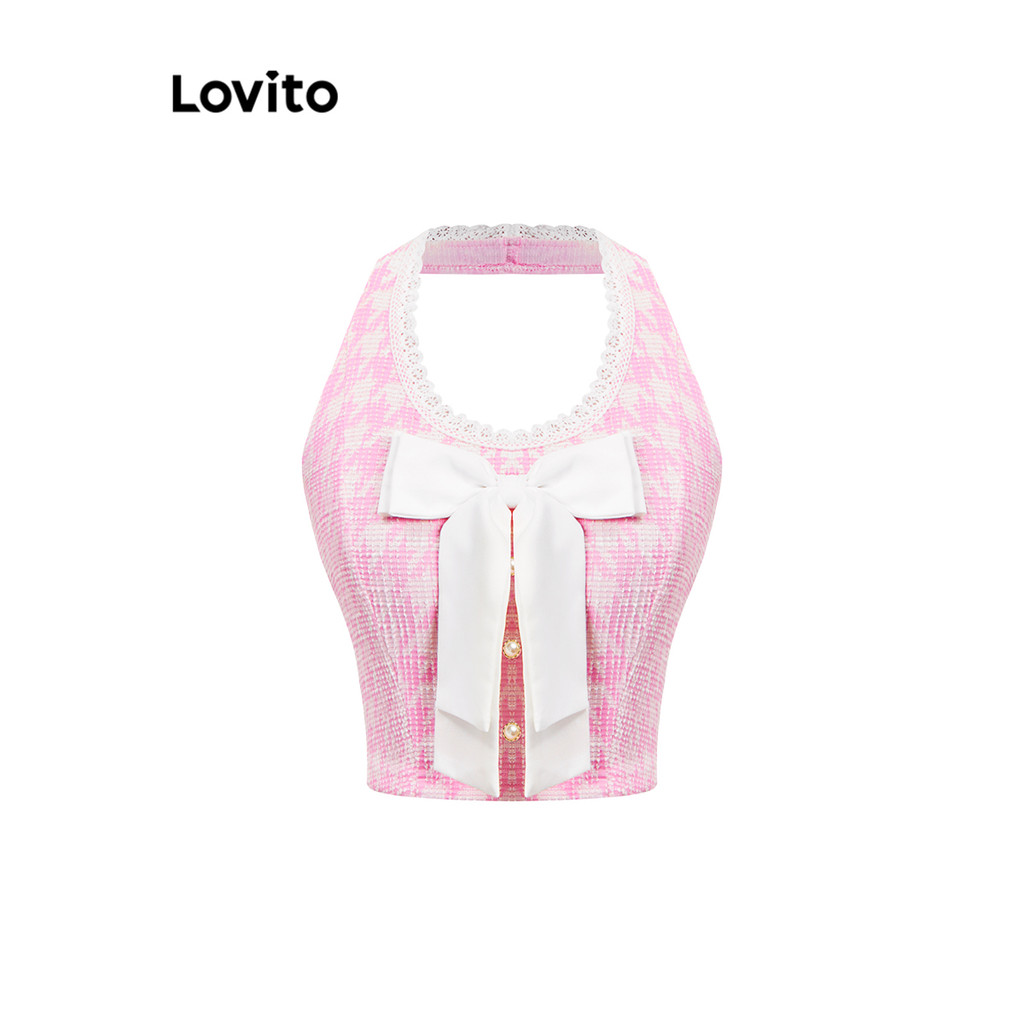Lovito Linda blusa estilo pied-de-poule com laço e botão de renda e babados para mulheres L110AD007 - Women Clothes