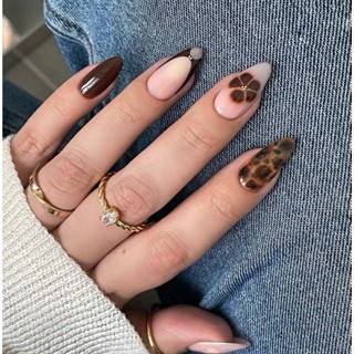 unha postiça realista amendoada decorada curta Unhas Falsas Pontiaguda Com Cola Leopardo francesinha Prensadas Na em Oferta na Shopee