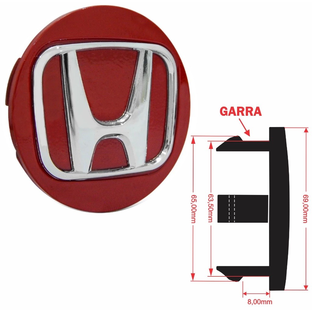 Calotinha Calota Centro 69,00mm Honda vermelho alto-relevo cromado NEW CIVIC CRV HRV ACCORD 3D