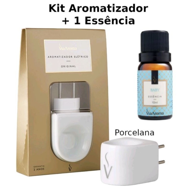 Kit com 1 Aromatizador Difusor de Ambiente elétrico em Porcelana Original+1 Essencia Via Aroma a escolher